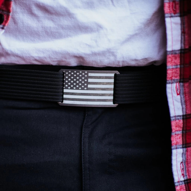 Grip6 Men's Gunmetal Flag Belt--closeup on pants