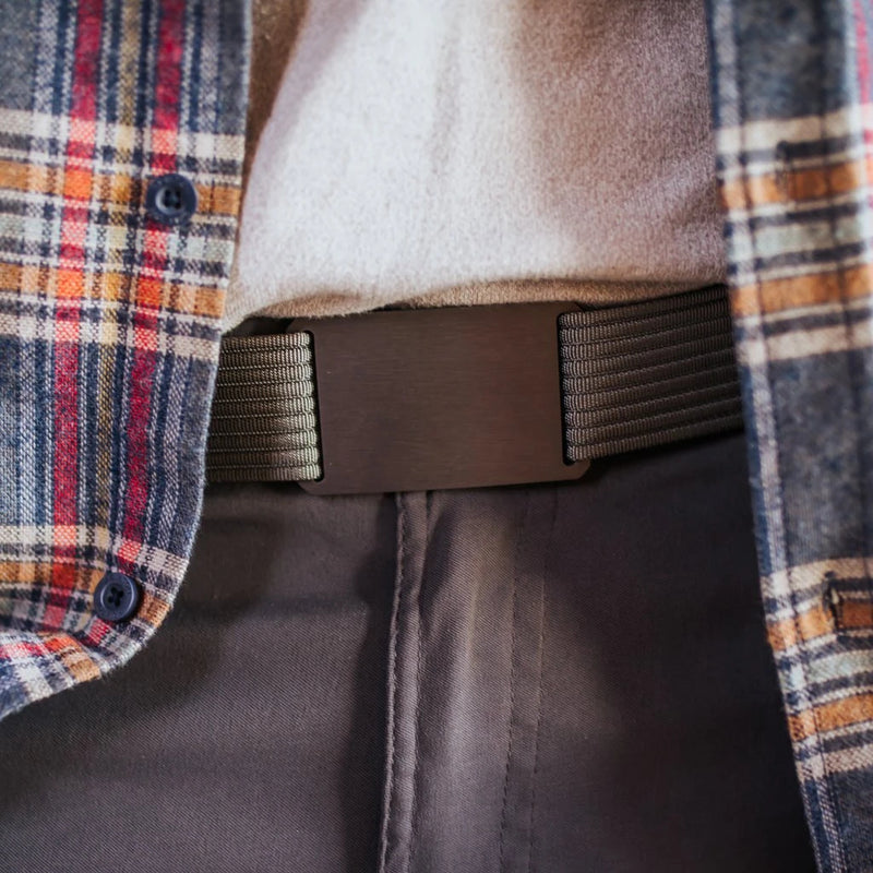 Grip6 Men's Classic Gunmetal Belt--belt closeup with tucked in shirt