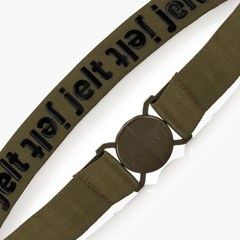 Jelt Khaki Green Elastic Belt--fastened--close up