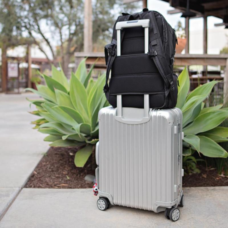 Tahoe Weekender Pack--sitting on suitcase