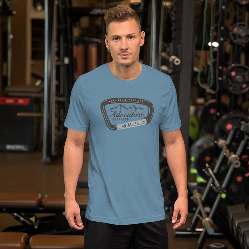 mountain adventure tee--male model in gym