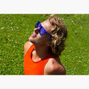 Knockaround Neptune Lilac Fast Lanes Sport Sunglasses on a man smiling up at the sun