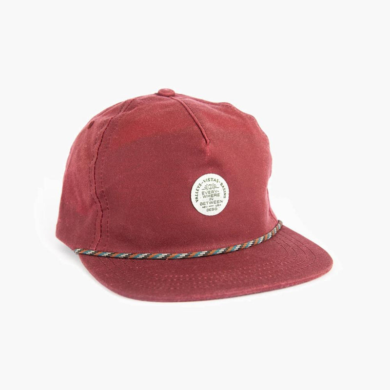 everywhere in between waxed canvas 5 panel cap in burgundy--front view