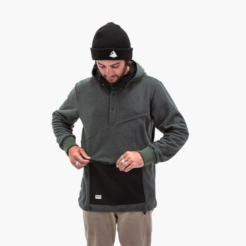 Deso Supply Co. Ropi Chinquapin Snap Hoodie--on model--zipper pouch