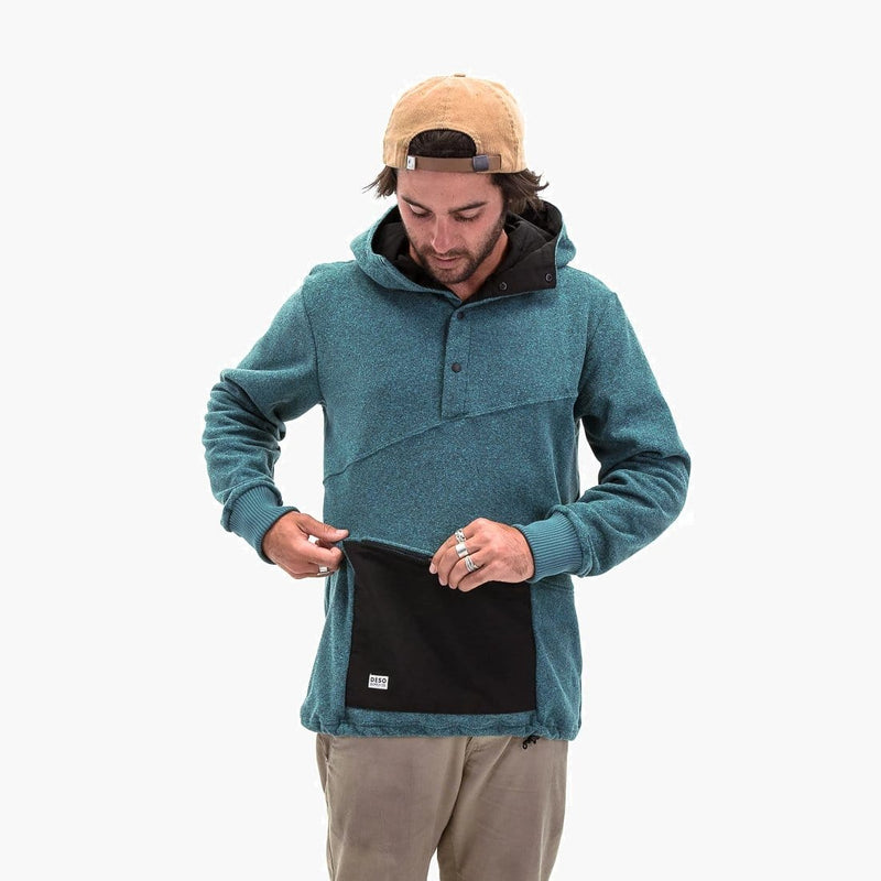 Deso Supply Co. Ropi Patina Snap Hoodie--on model--zipper pouch