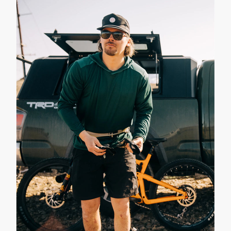 Deso Supply Company Yuba Long Sleeve Hoodie on a male mountain biker