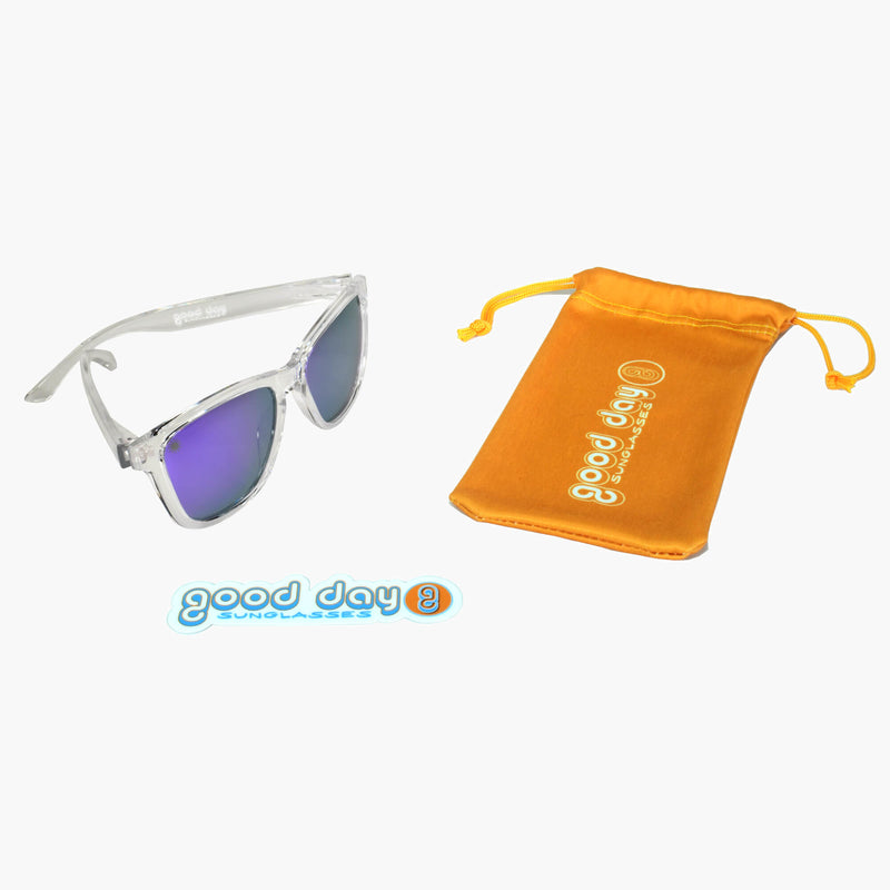 Good Day Sunglasses Purple Daze Sunshines--sticker and pouch view