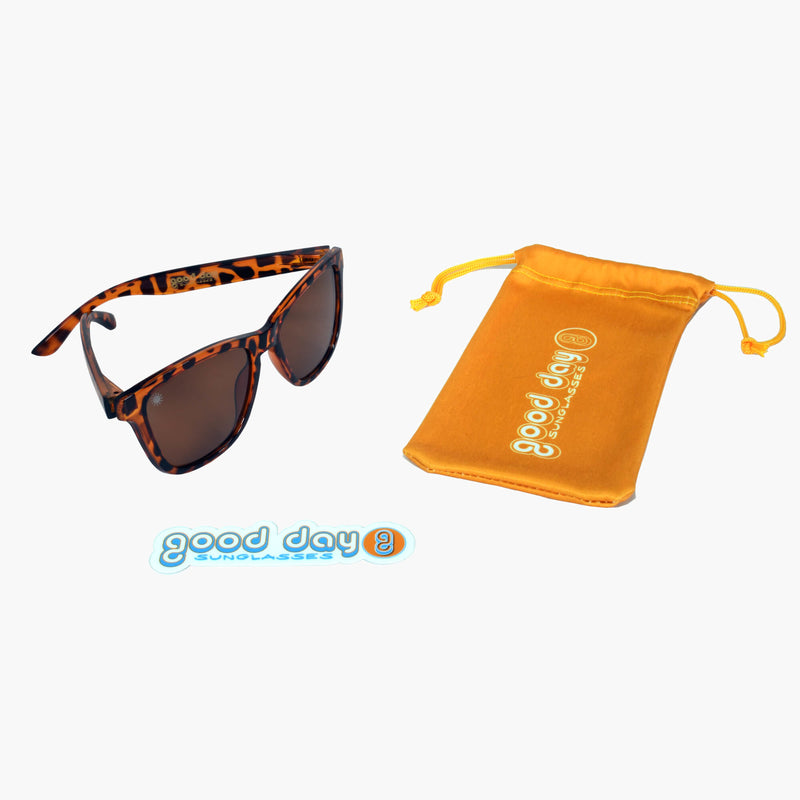 Good Day Sunglasses Tortoise Shell Sunshines—sticker and pouch view