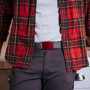 closeup of a red belt with a gray strap