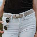 Jelt Limited Edition Khaki Tan Elastic Belt--worn by a woman