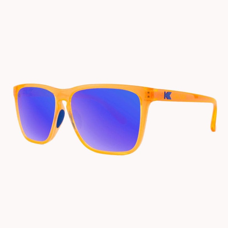 Knockaround Neon Orange Blue Moonshine Fast Lanes Sport Sunglasses--threequarter view
