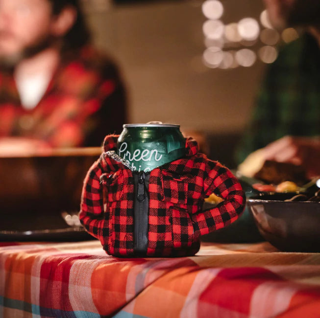 flannel can cooler on a dinner table