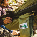 Trek Light Gear Charcoal Khaki Green Hammock--woman enjoying her hammock