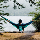 Trek Light Teal & Navy Double Hammock--overlooking a lake
