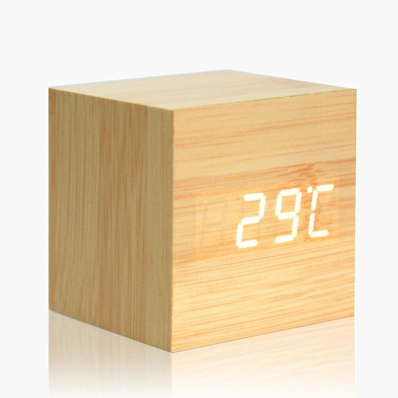 Wood Block LED Clock w/ Temperature--Natural